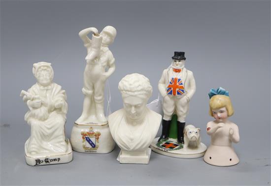 A Carlton souvenir figure of John Bull (Durham), a Grafton China The Leaking Boot figure and three others,